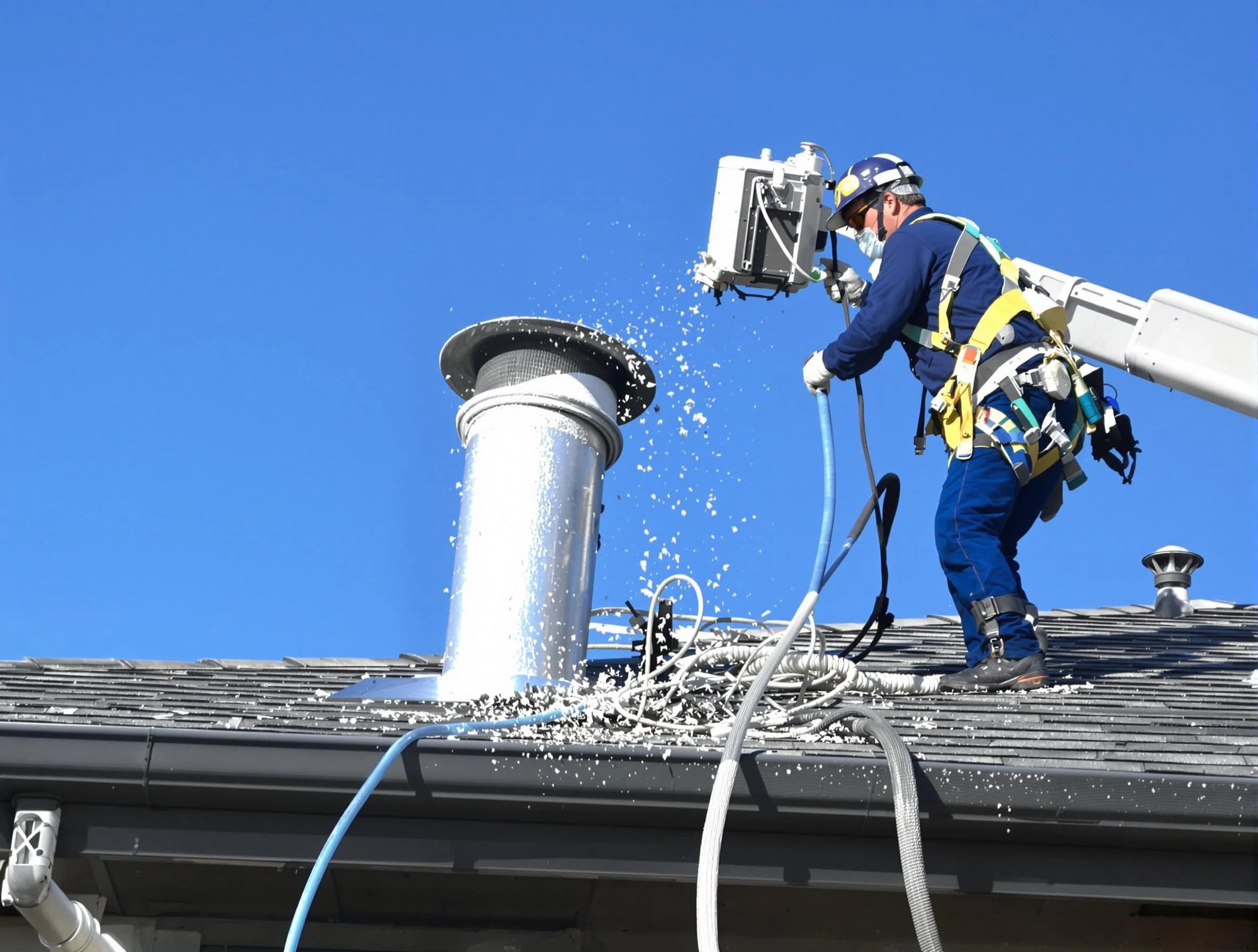 Millcreek Dryer Vent Cleaning certified technician safely cleaning a roof-mounted dryer vent in Millcreek