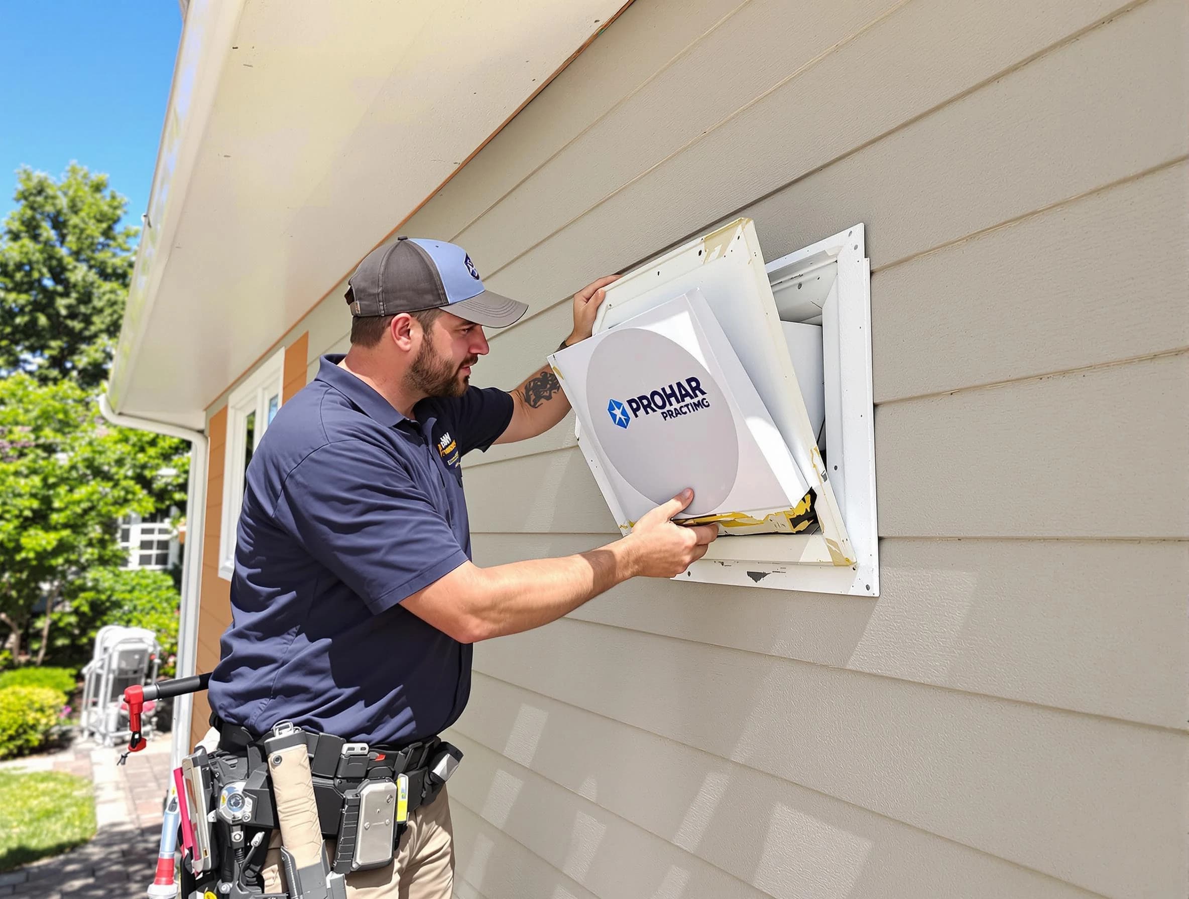 Millcreek Dryer Vent Cleaning technician installing a new protective dryer vent cover on a home in Millcreek